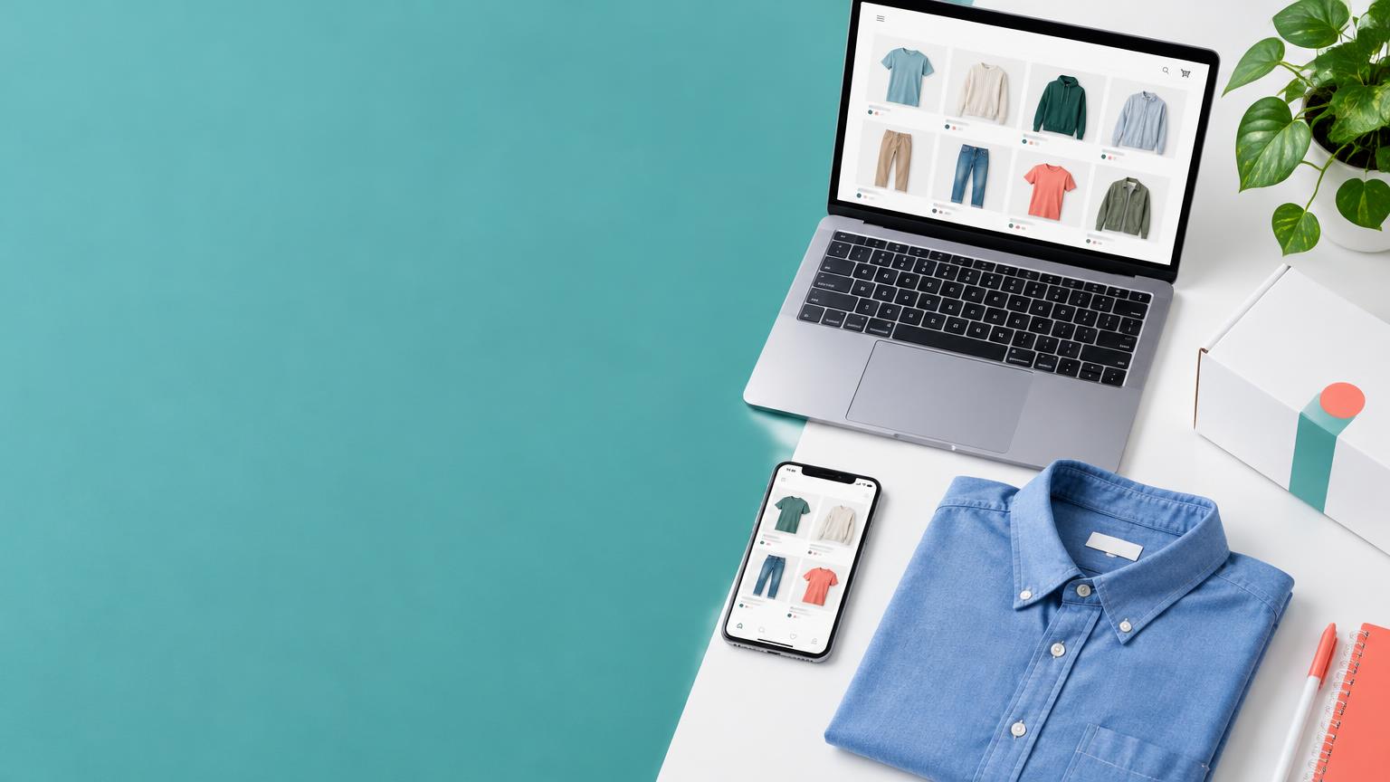 Mesa de trabajo con productos y dispositivos para preparar una tienda online